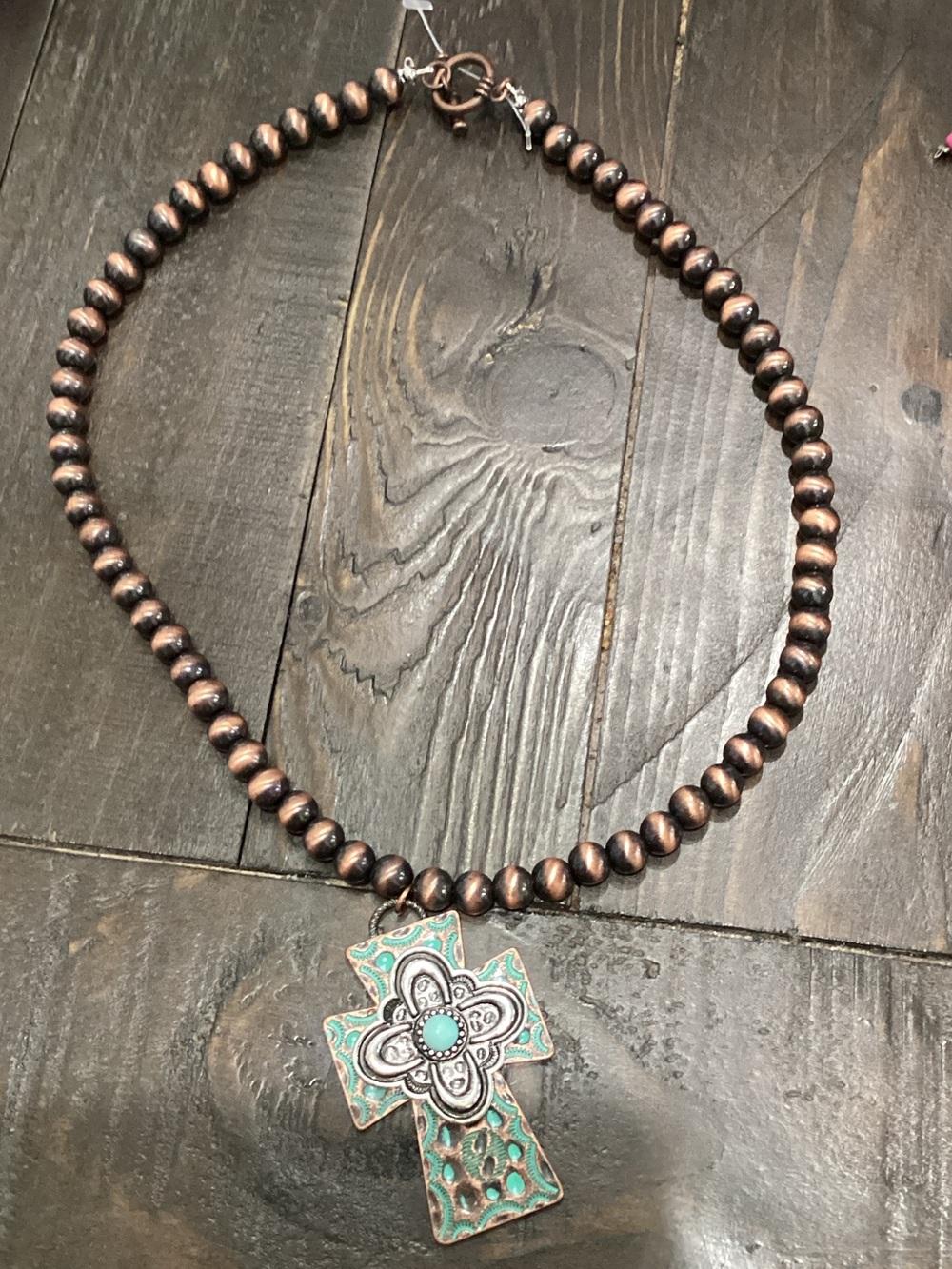 Turquoise Accent Copper Bead Cross Necklace - Women Jewelry